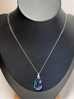 Silver Drop Necklace with Blue Teardrop Crystal. Stamped sterling silver